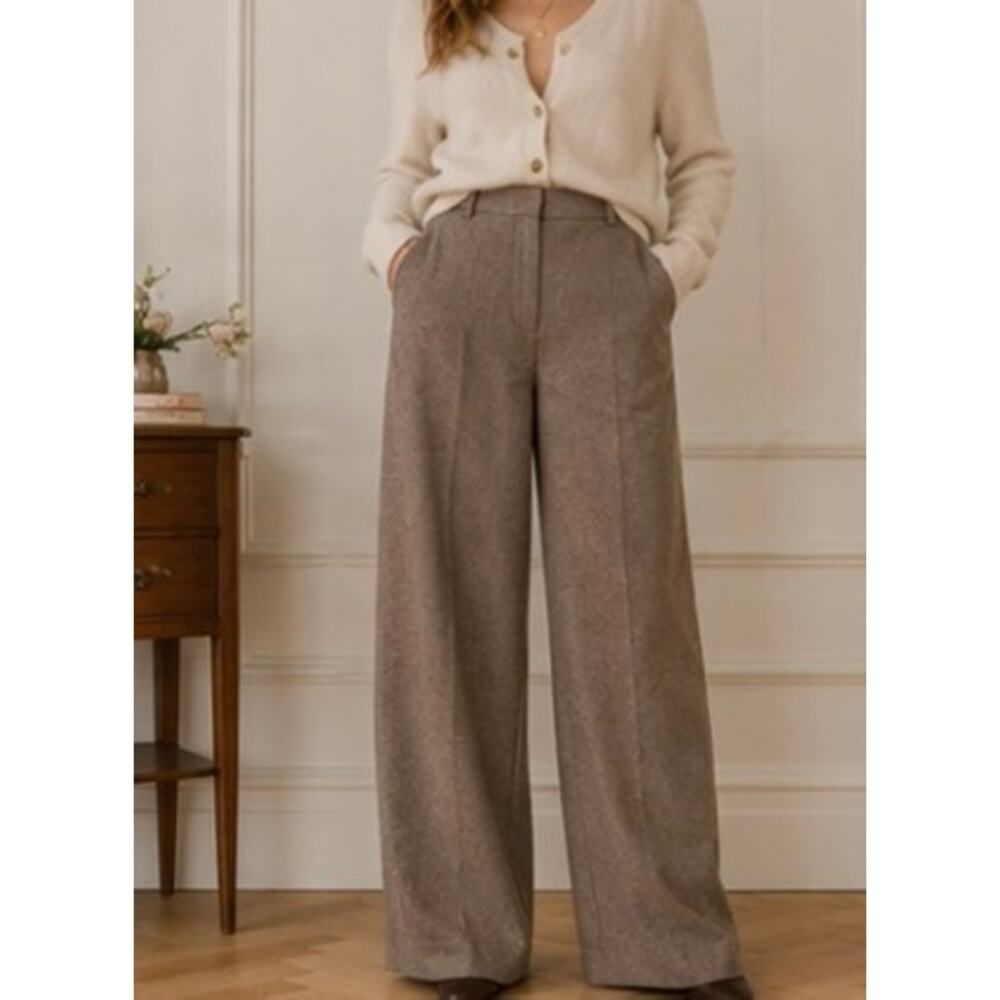 Sezane Wide-Leg Wool Blend Trousers in Taupe